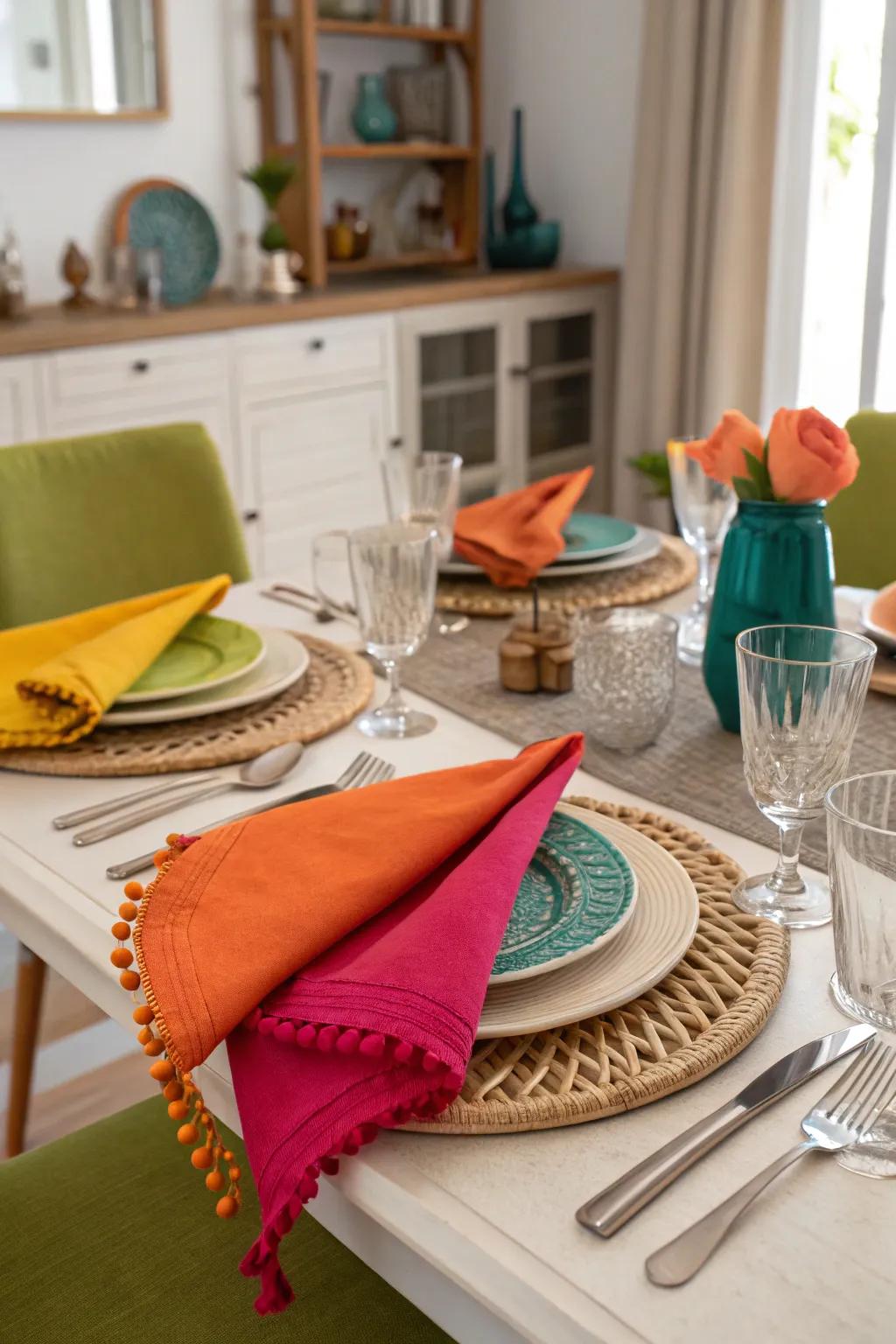 Brilliant napkins introduce an astounding burst of hue.