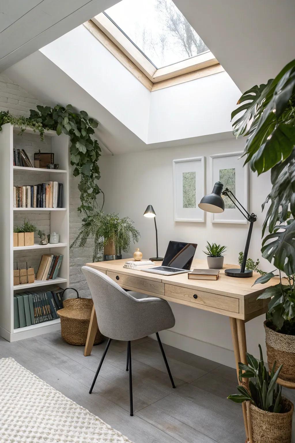 A productive domestic study illuminated by a skylight.