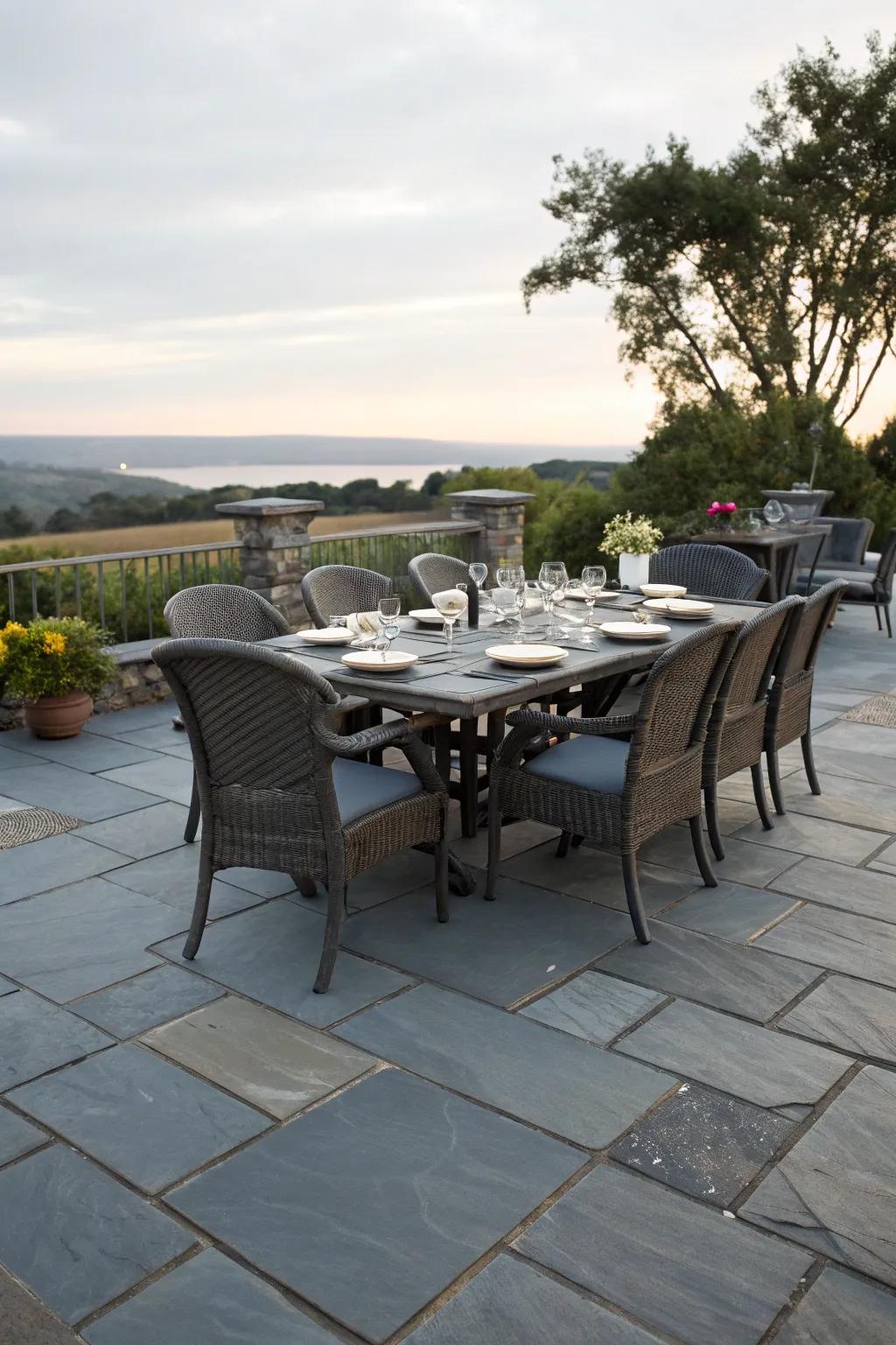 A slate patio set up for delightful outdoor dining.