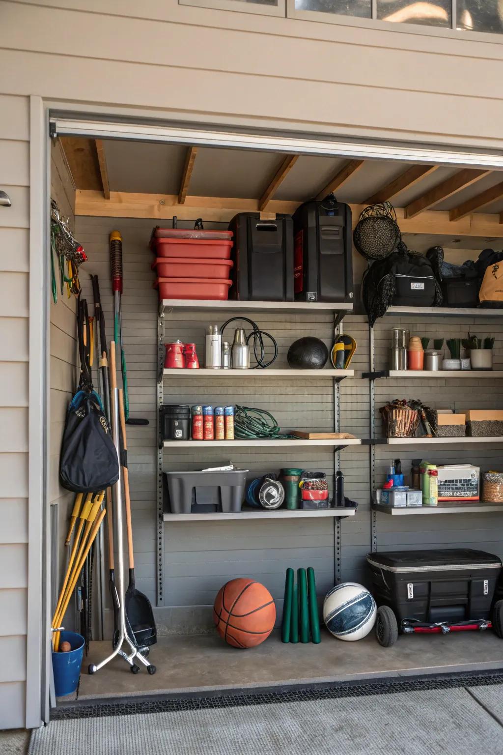 Shelves on a slatwall create area for larger equipment.