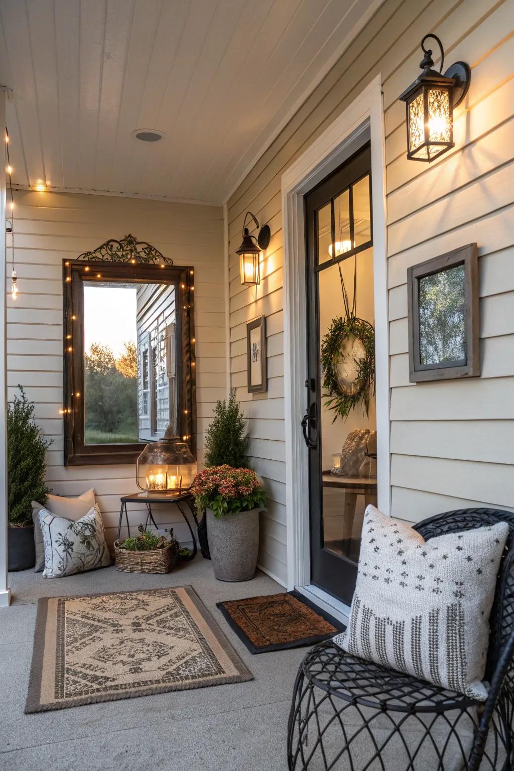 Indoor-style decor introduces a homey sensation to a modest veranda.