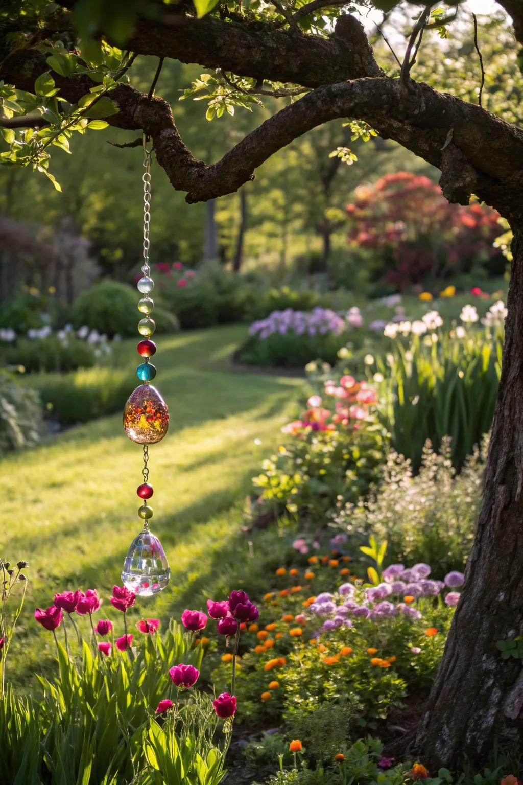 A sun catcher adds a subtle touch of light and charm to the garden.