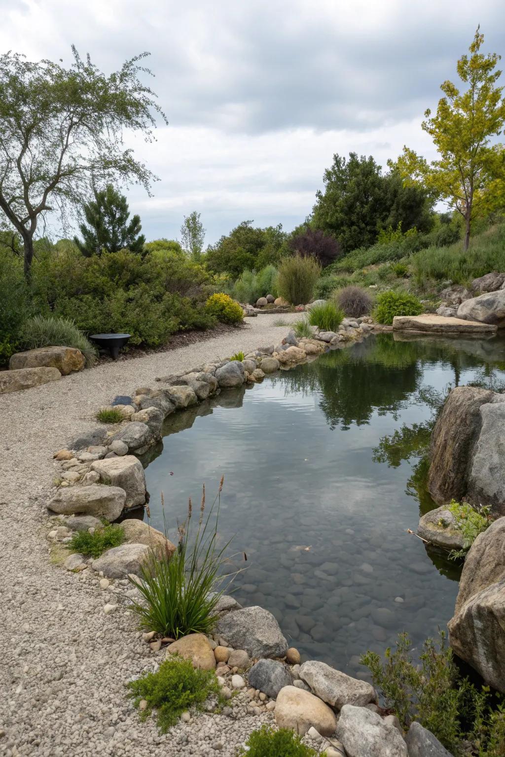Stone lining imparts this pond with a natural and straightforward appeal.