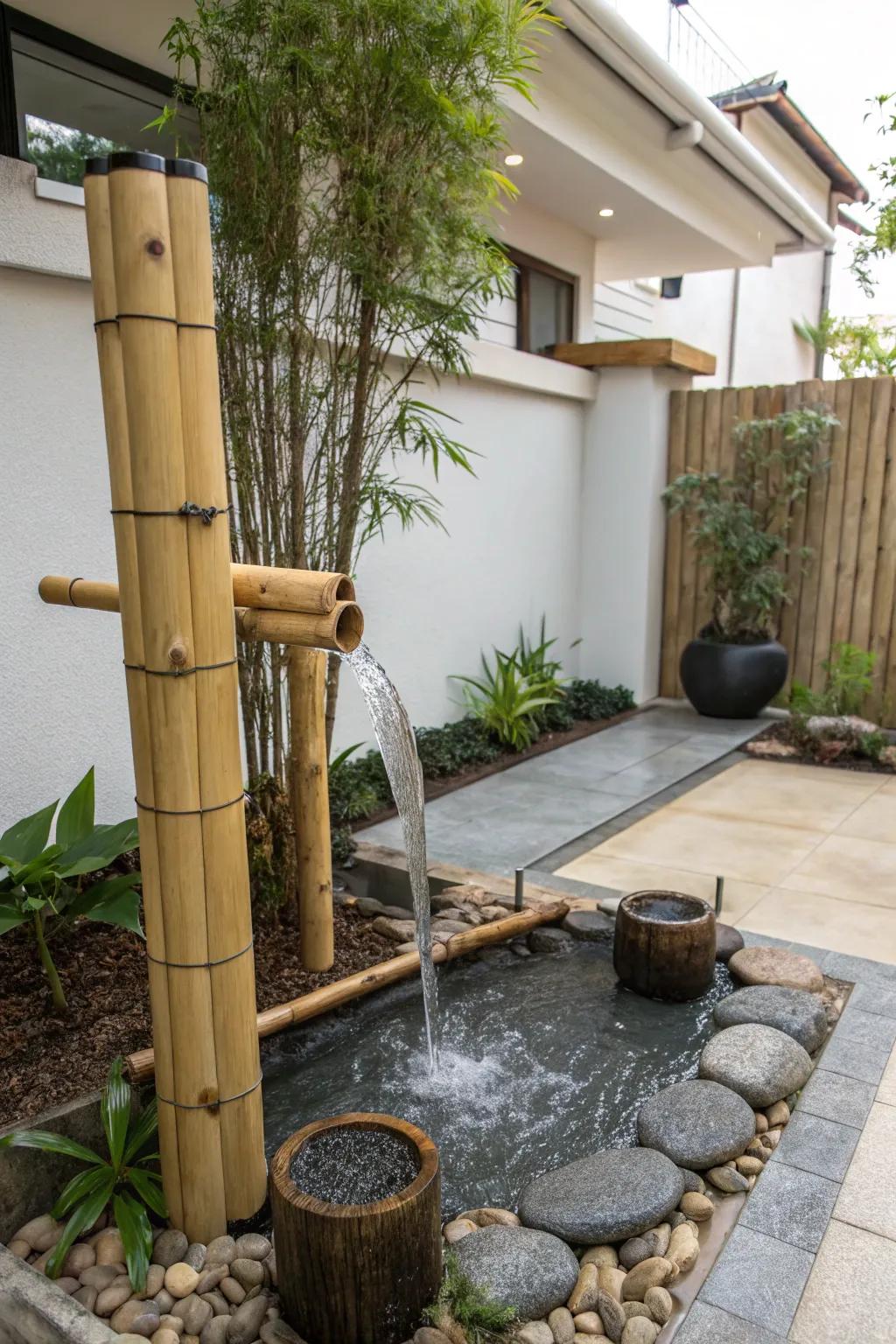 A bamboo waterfall imparts composure and simplicity to your garden.
