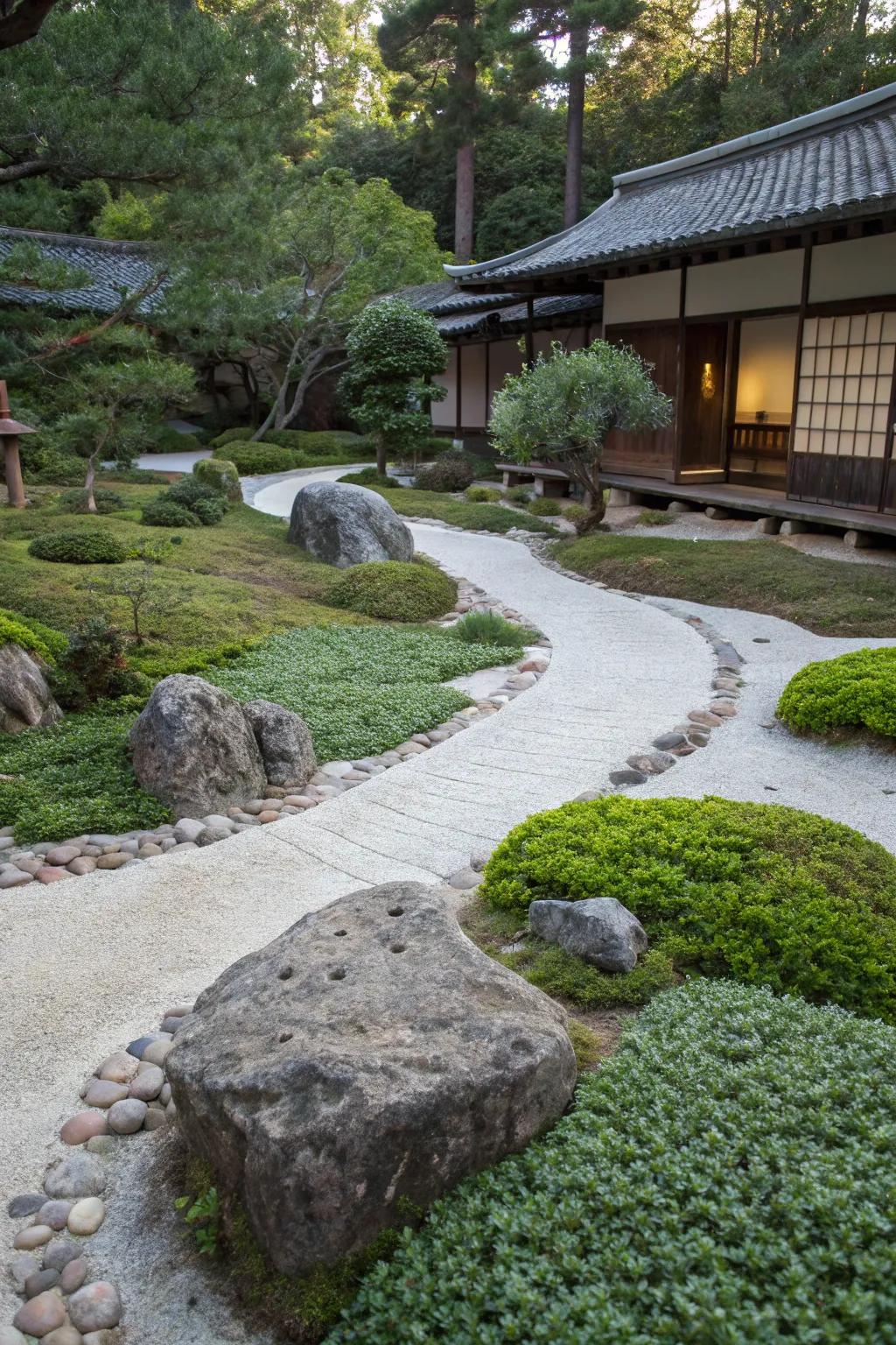 A zen garden features ground foliage, moderating the space between rocks and walkways.