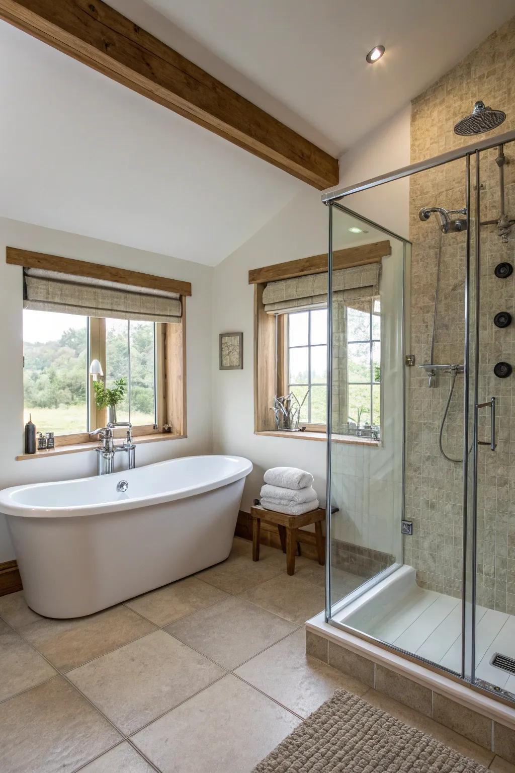 A shower space contributes practicality and fashion.