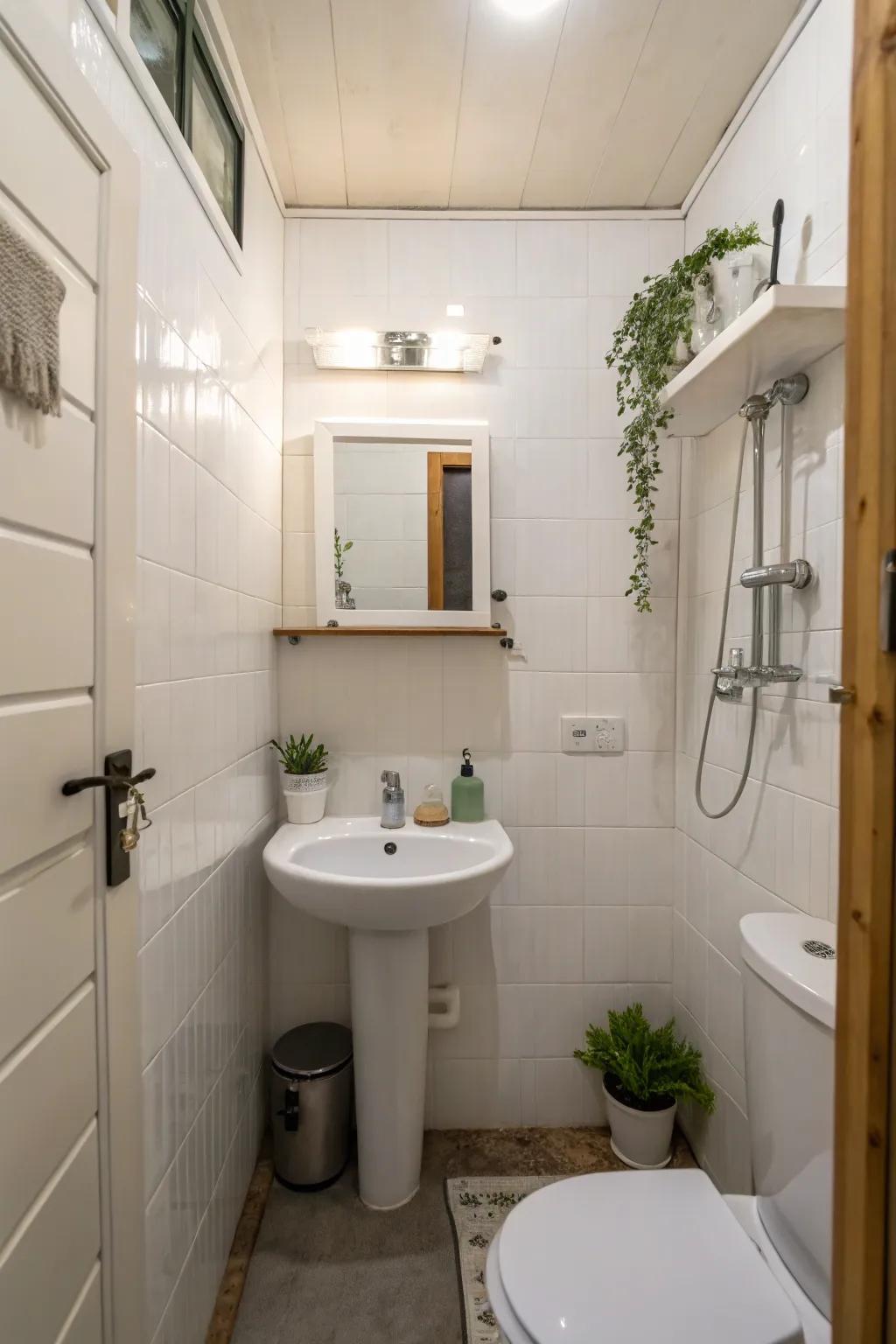 White panels are displayed in a compact bathroom, cultivating a serene and minimalist ambiance.