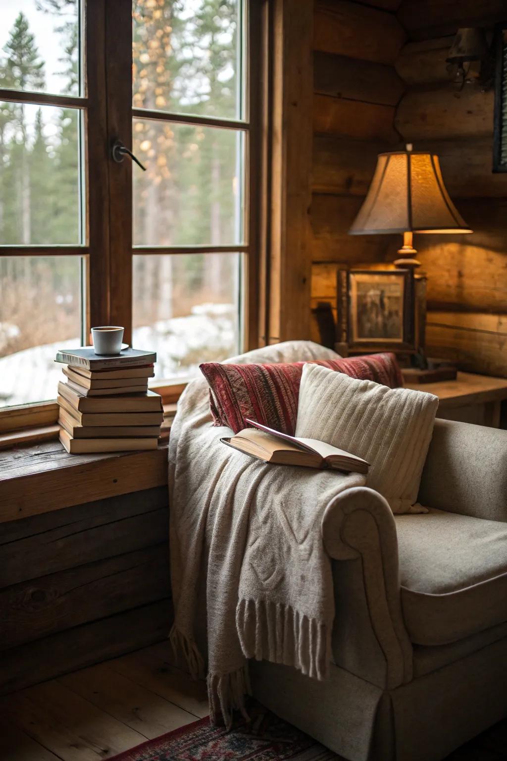 A calm reading space constructed within a cabin, promoting relaxation.