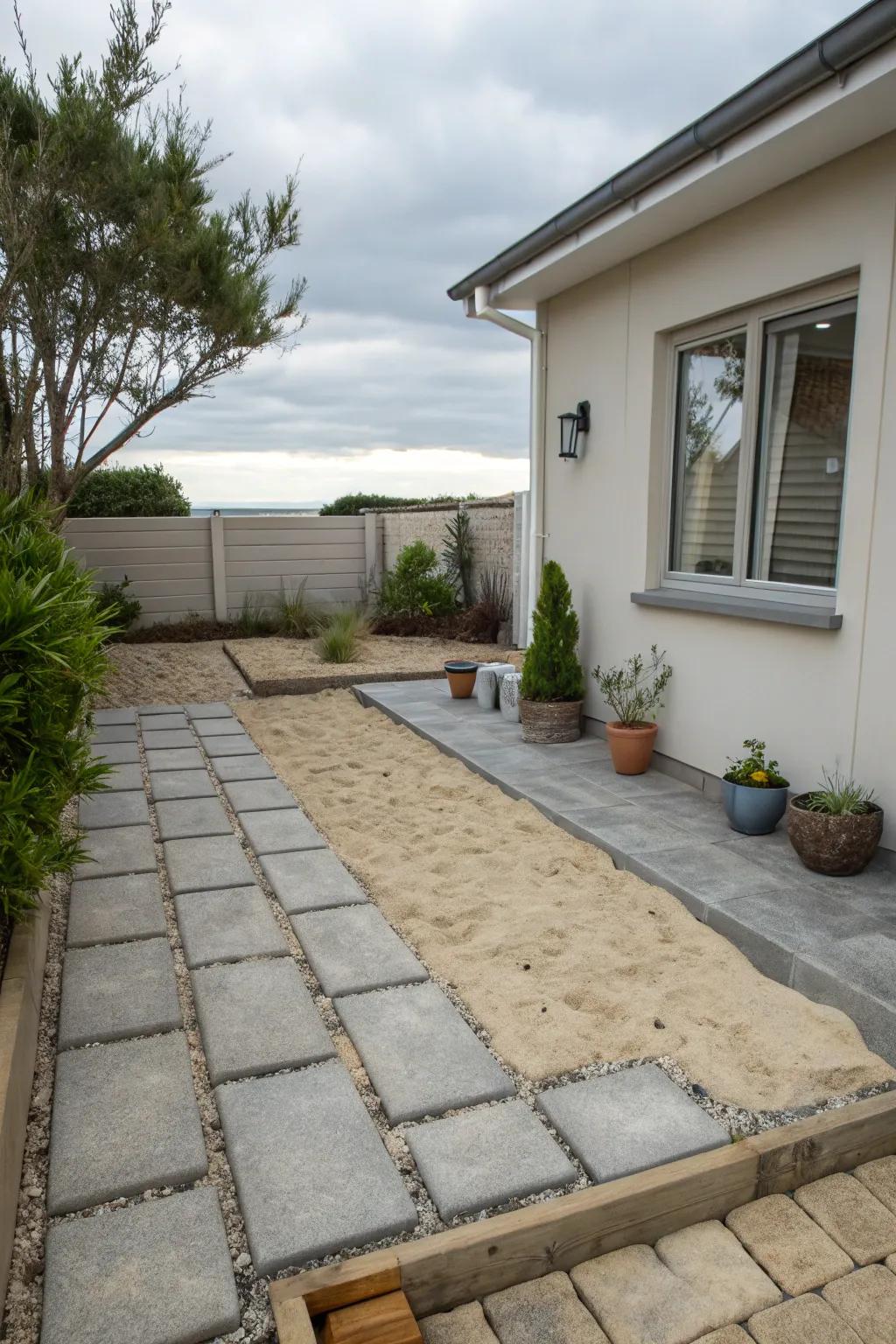 Sand layer provides a tidy and unified patio surface.
