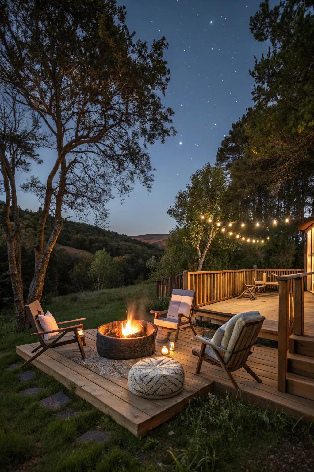 A fire pit creates an inviting and warm space for gatherings.