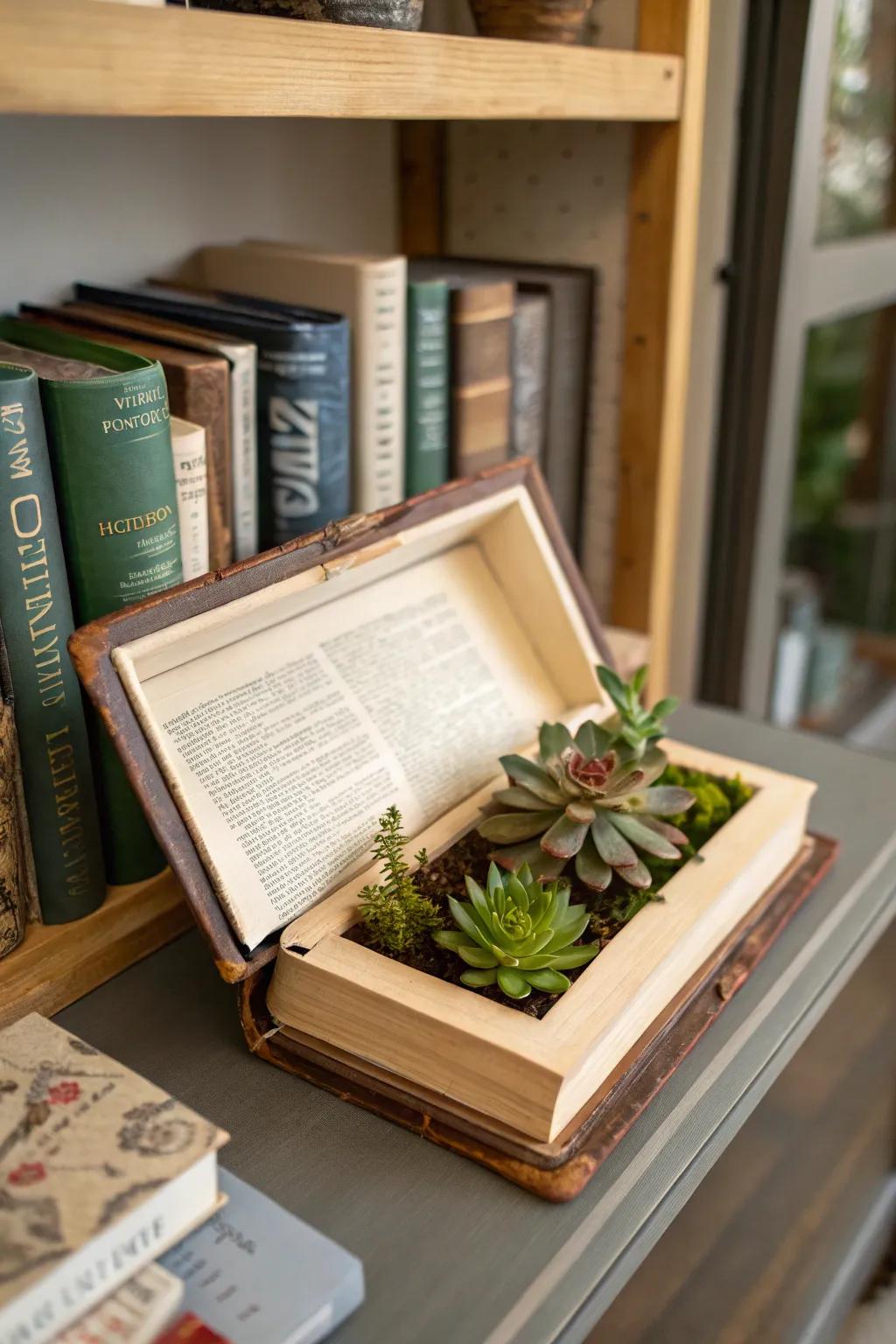 A tome planter amalgamates literary works with vegetative loveliness.