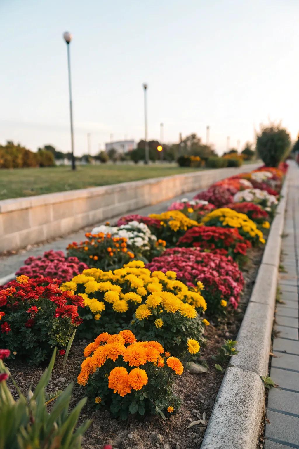 A striking, petite flower bed showcasing a bold hue segmentation effect.