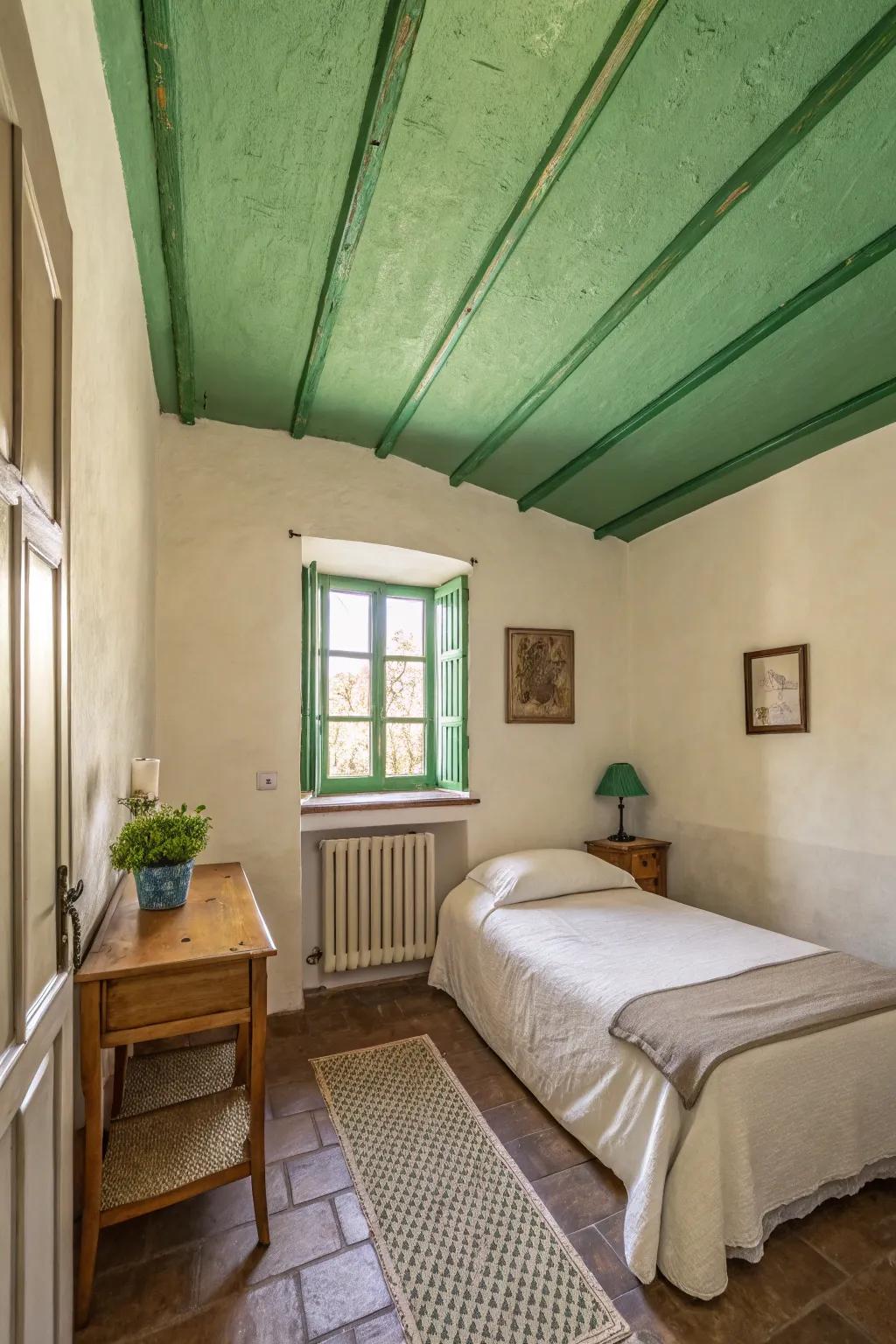 A green ceiling introduces an unexpected design element.