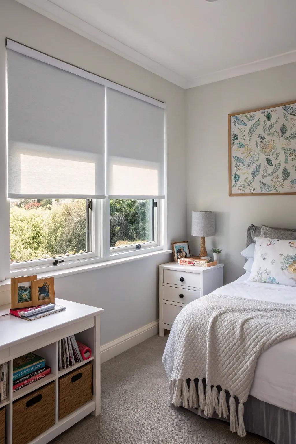 Blinds provide a streamlined and modern look.