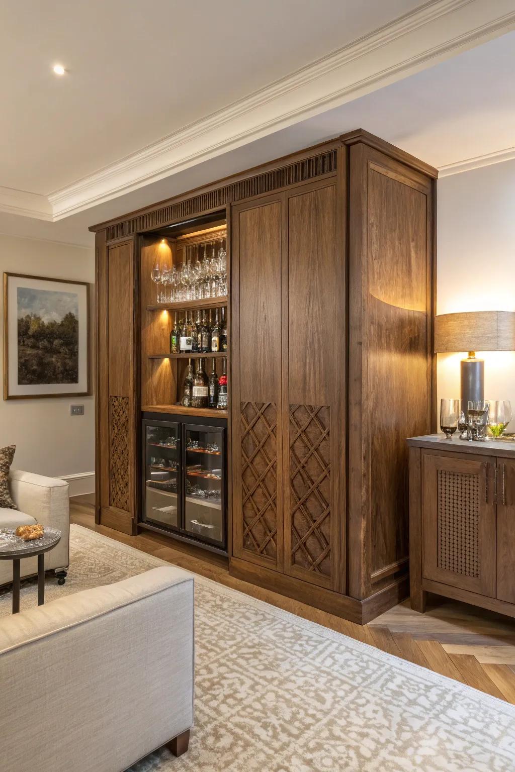 A concealed bar unit preserves your space's streamlined and organized appearance.