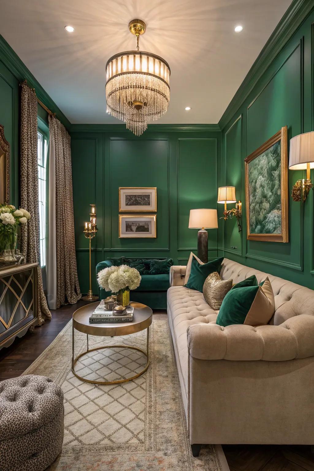 A small living room with emerald walls for a luxurious touch.