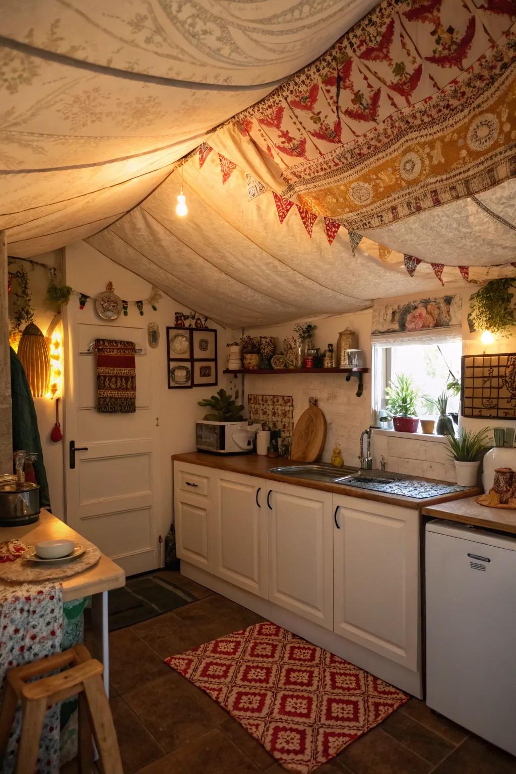 Textile upper spaces introduce softness and a cozy vibe to unconventional kitchen designs.