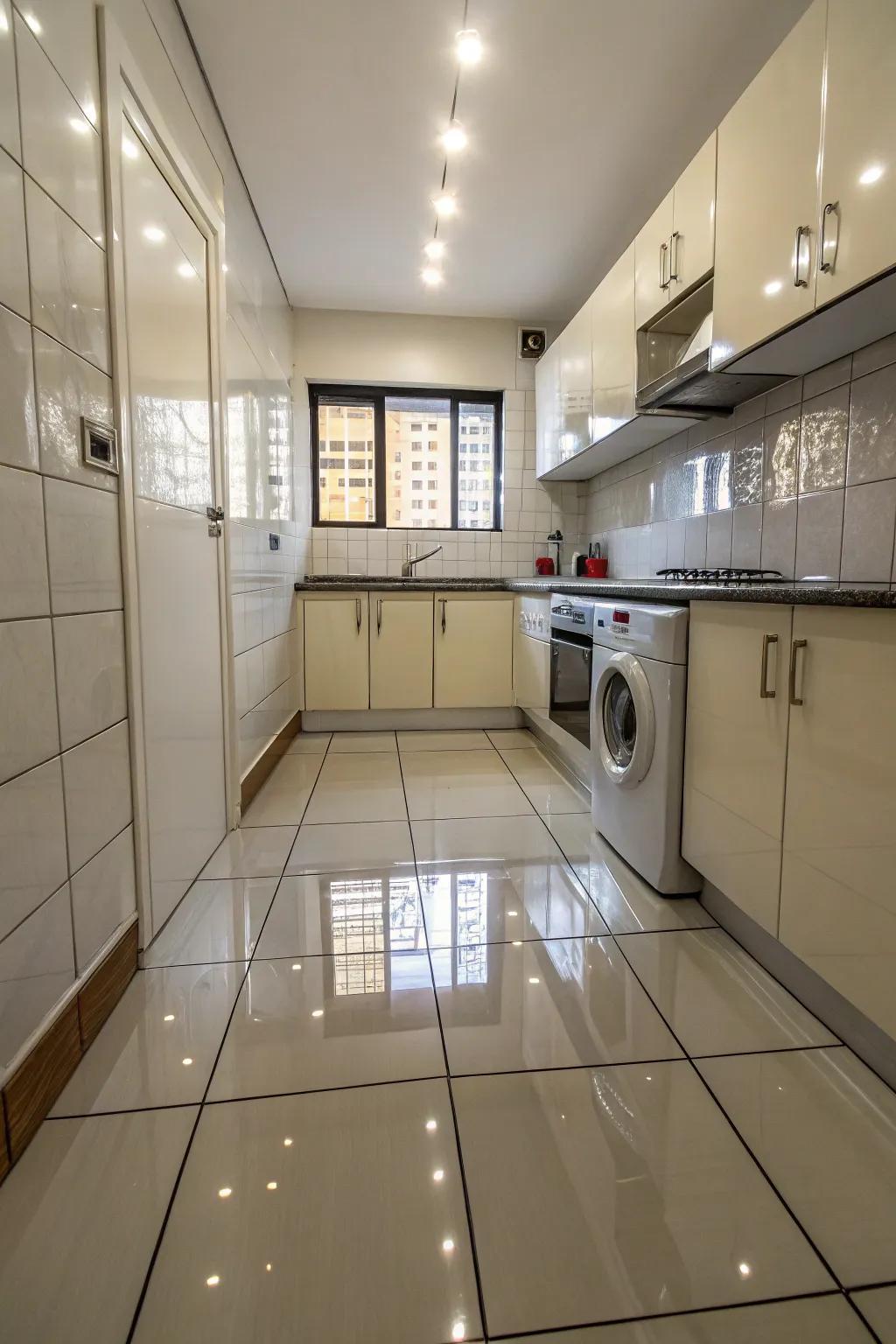 Reflecting surfaces amplify illumination and openness within this cooking space.