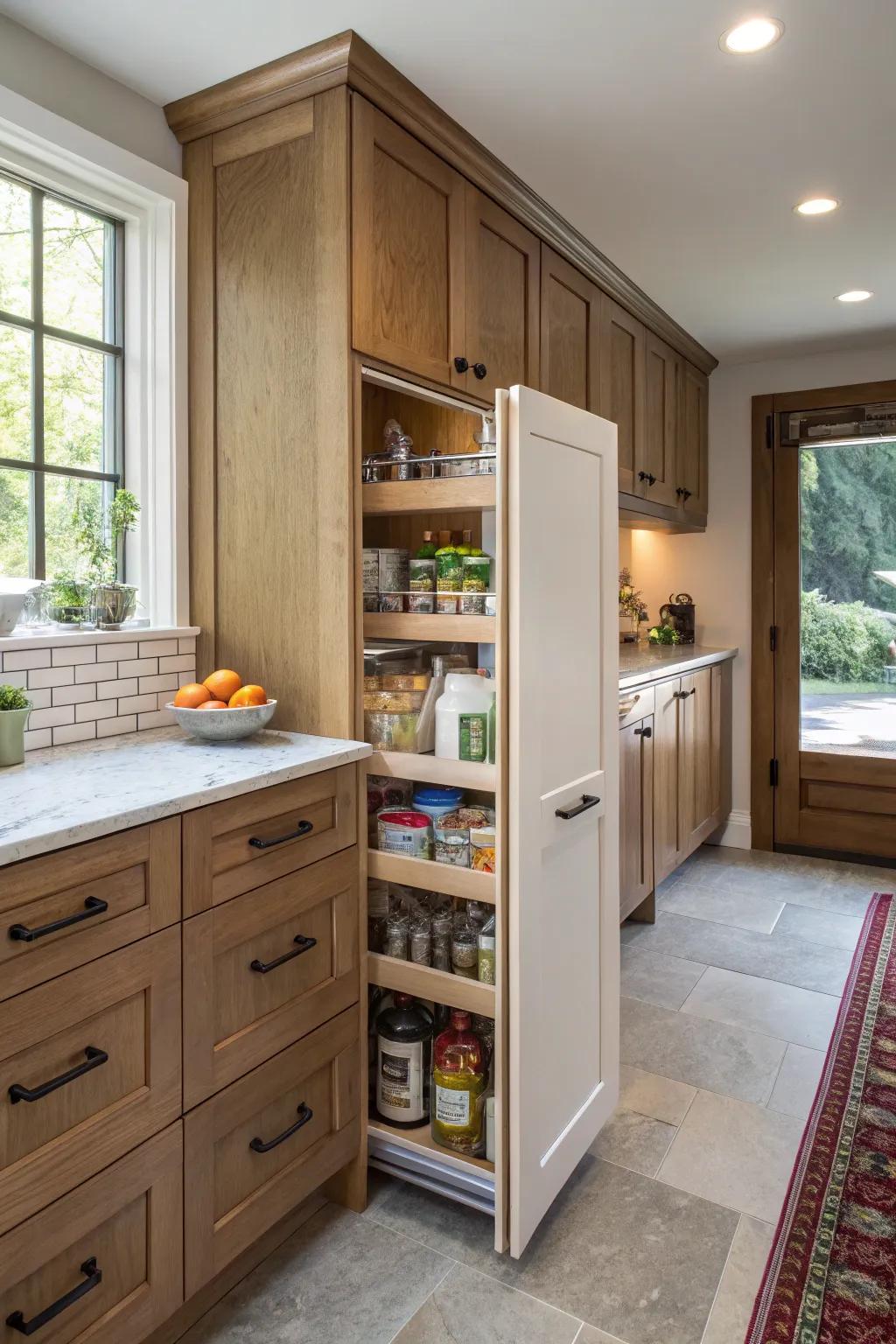 Hidden storage keeps clutter at bay in compact kitchens.