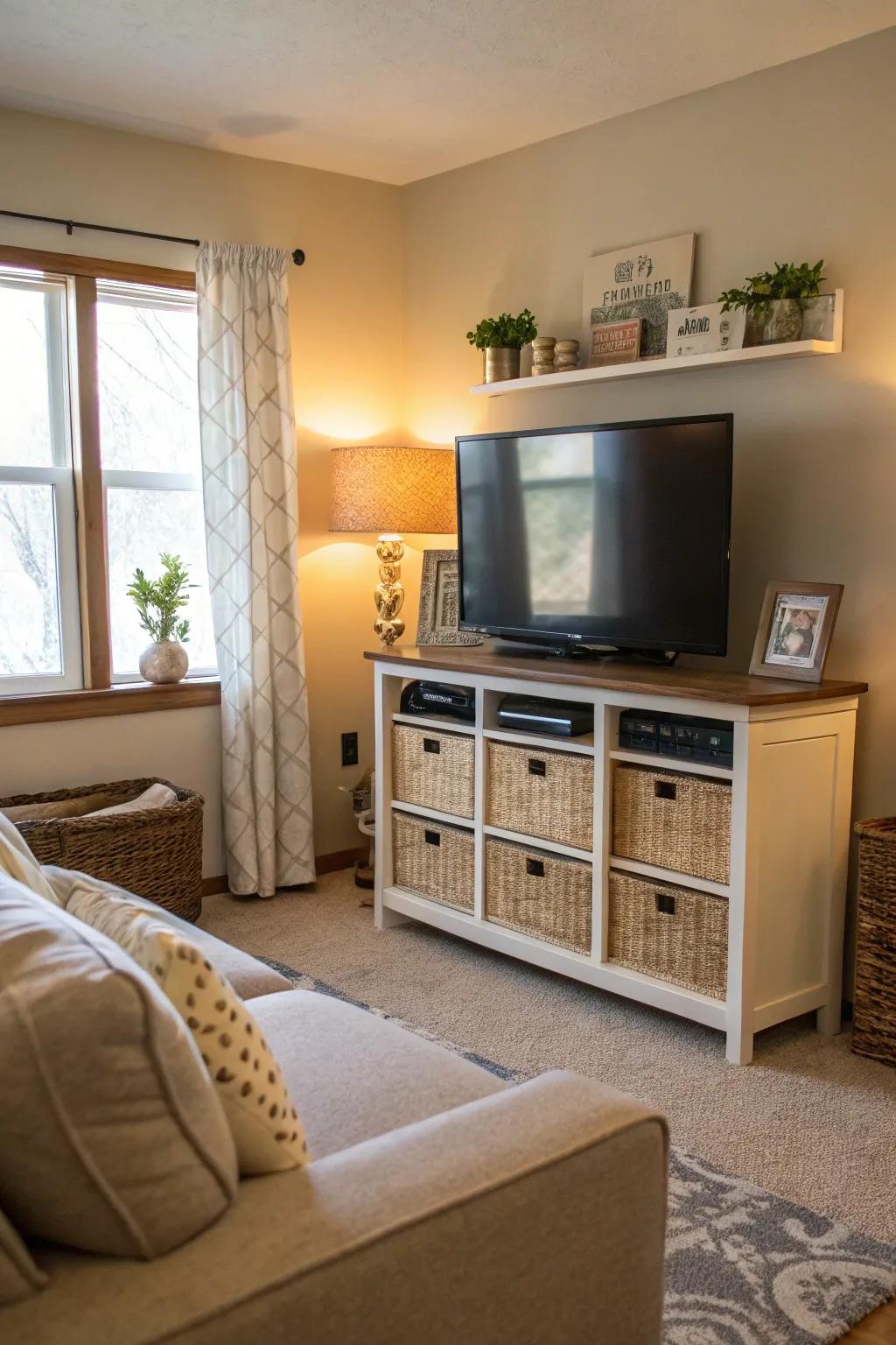 A television console equipped with storage ensures your media essentials are methodical.