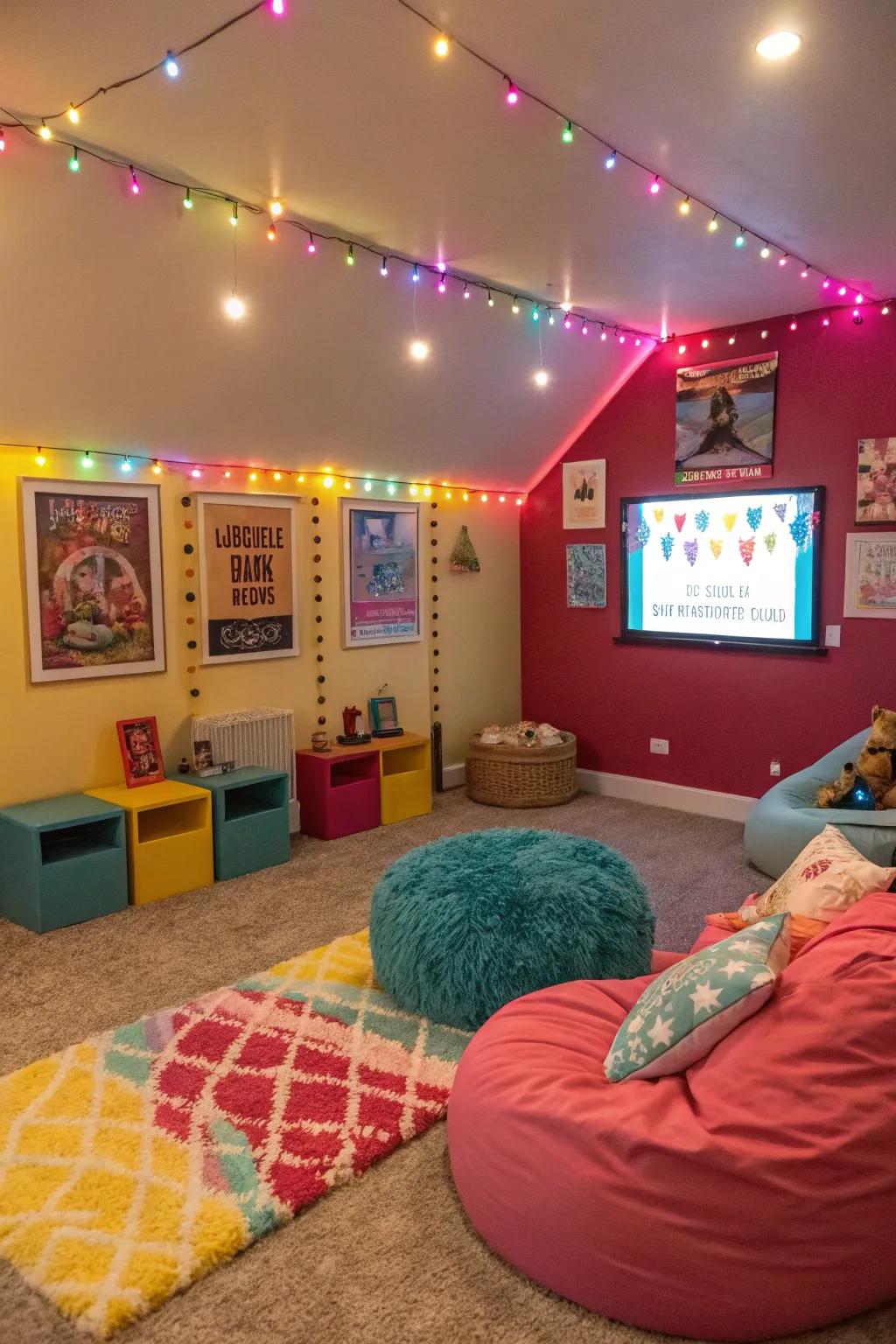 A whimsical and vibrant film space designed for youngsters.