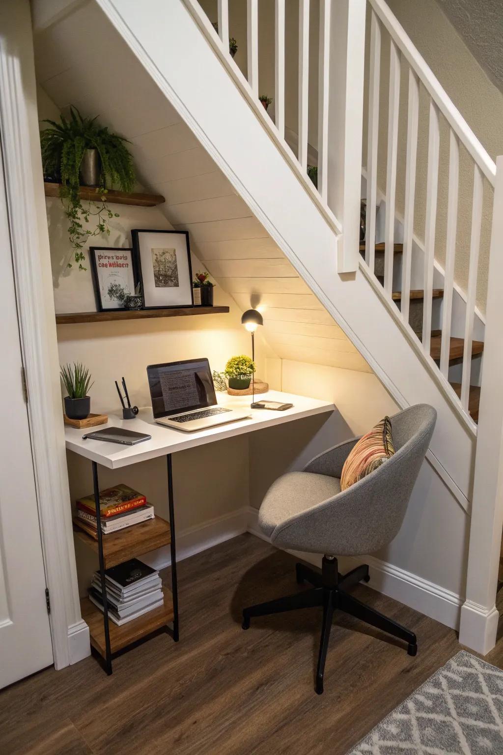 Areas under stairs can be creatively transformed into functional workspaces.
