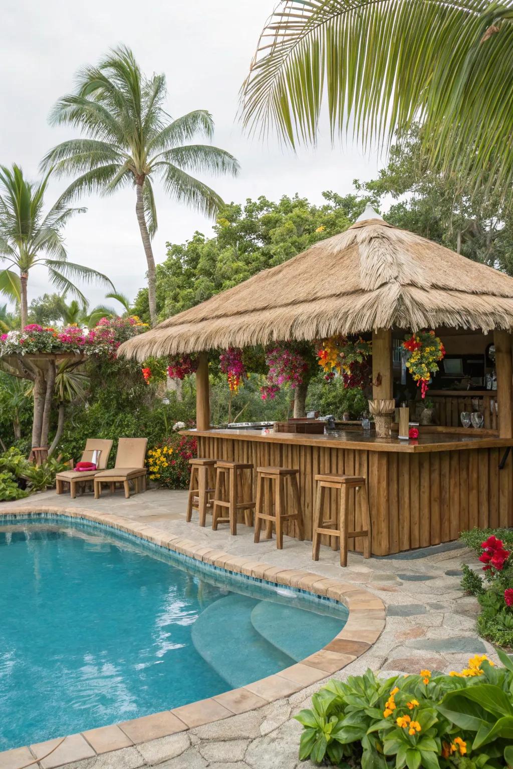 A tiki bar brings a playful and exotic aspect to your poolside zone.