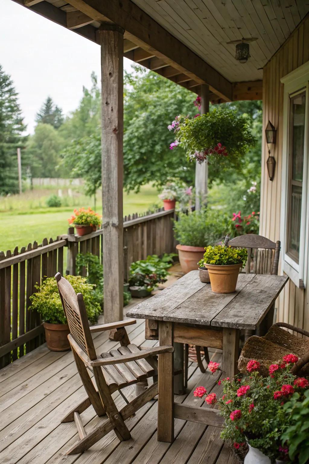 A side porch featuring rustic wooden furniture and organic adornments.