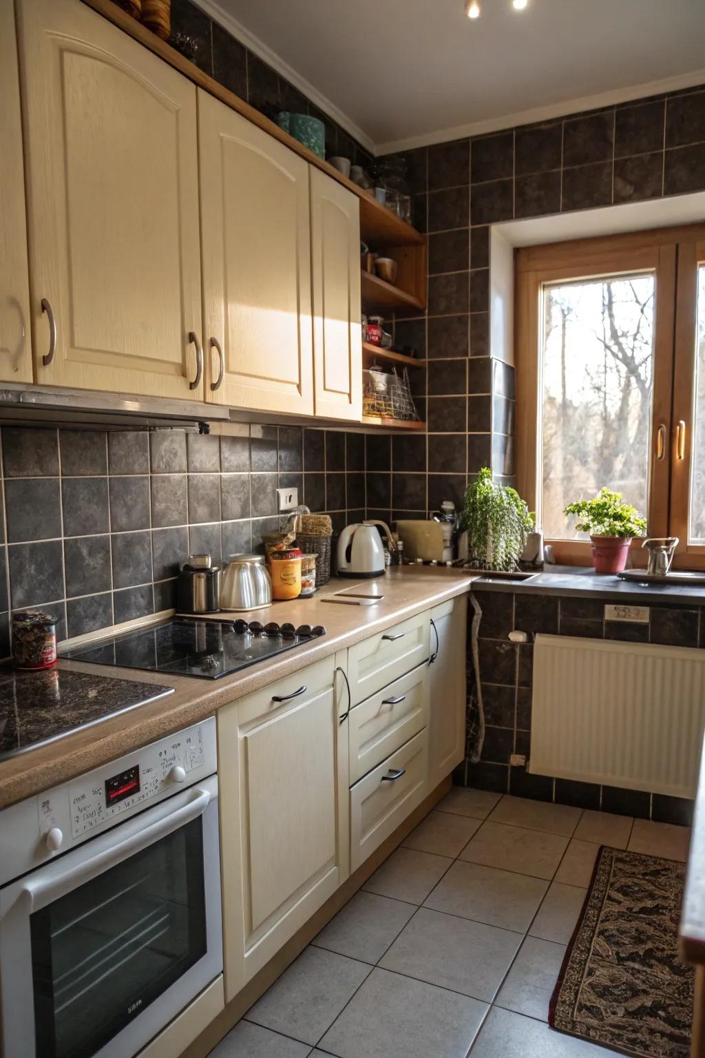 Deep accents augmenting the profoundness of a condensed kitchen design.
