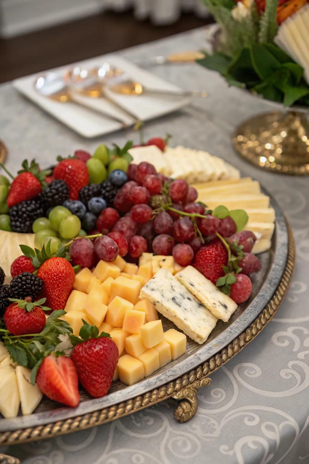 A harmonious fruit and cheese arrangement, providing a balanced array of flavors.