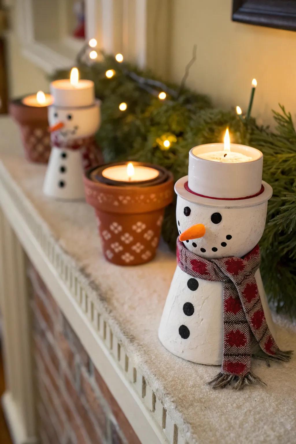 Snowman candle holders cast a warm glow.
