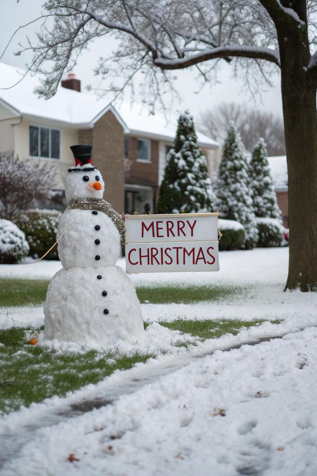 A snow figure exhibiting a saluting communication for visitors.