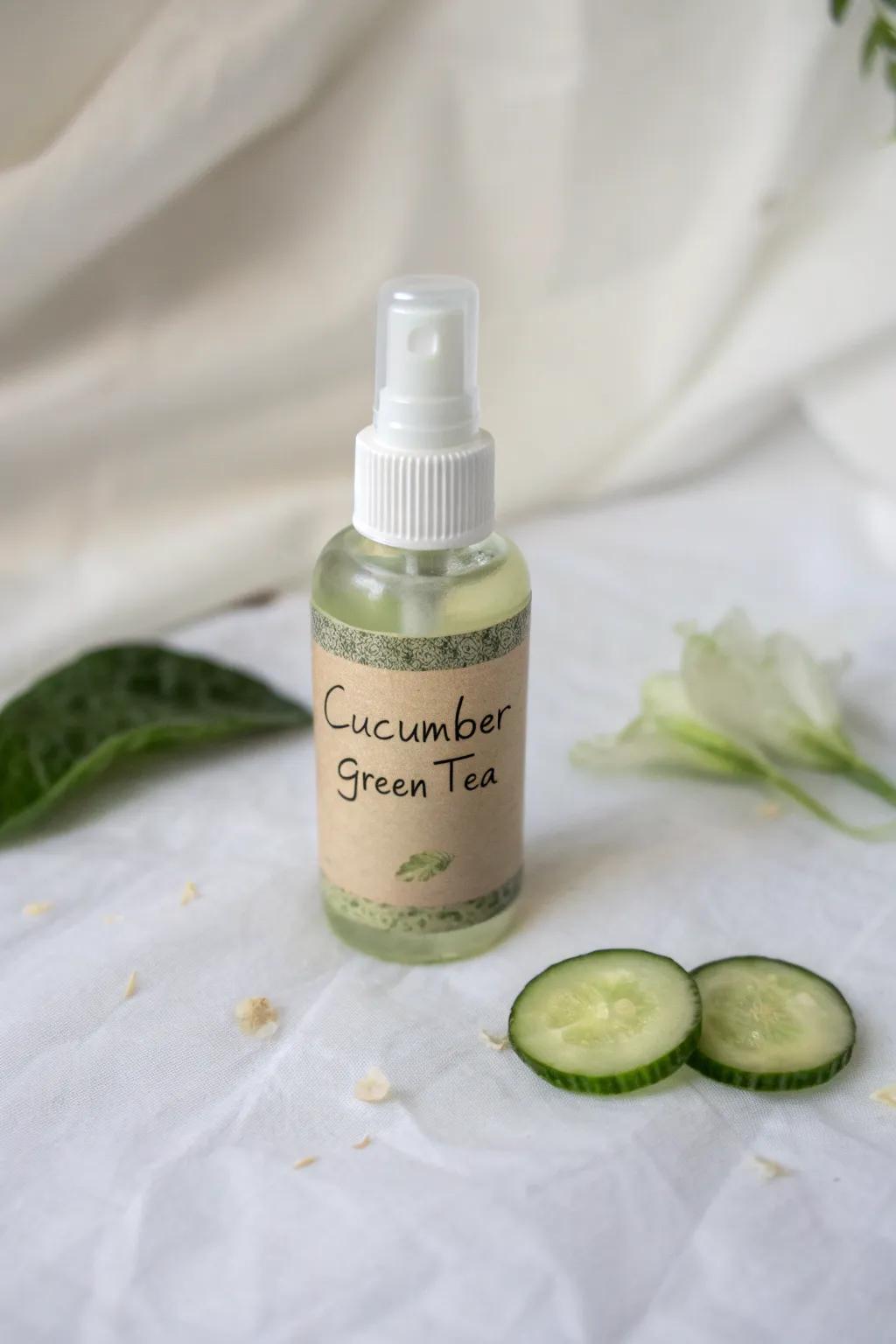 A refreshing face mist offers an invigorating boost throughout the day.