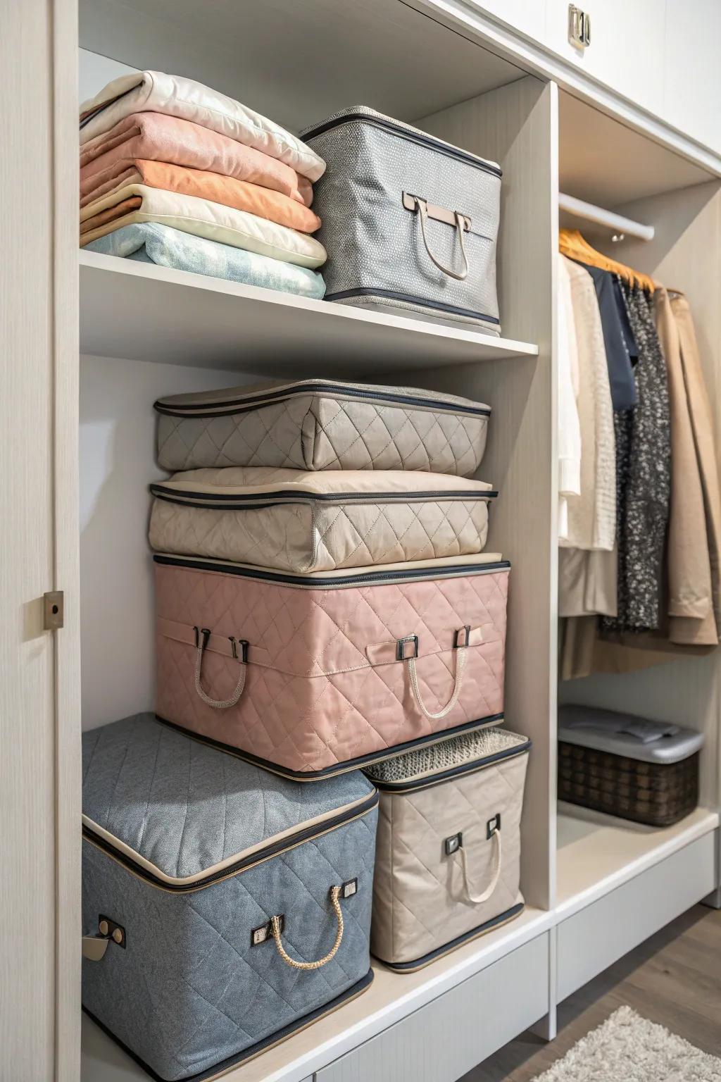 Foldable storage bags maintain the arrangement and unobtrusiveness of seasonal apparel.