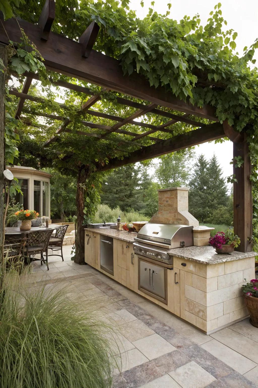 A creeper-draped arbor provides shade and charm to this beautiful outdoor kitchen.