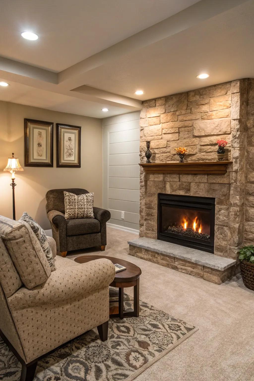 A faux fireplace infuses warmth and fascination into your speakeasy.