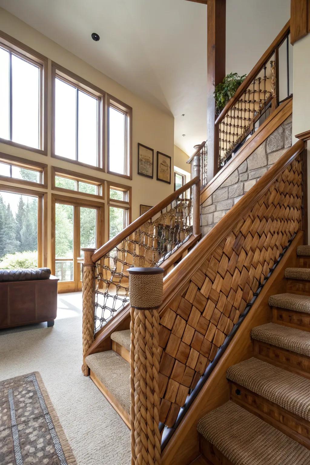 Woven leather railings adding warmth and texture to a split-level home.