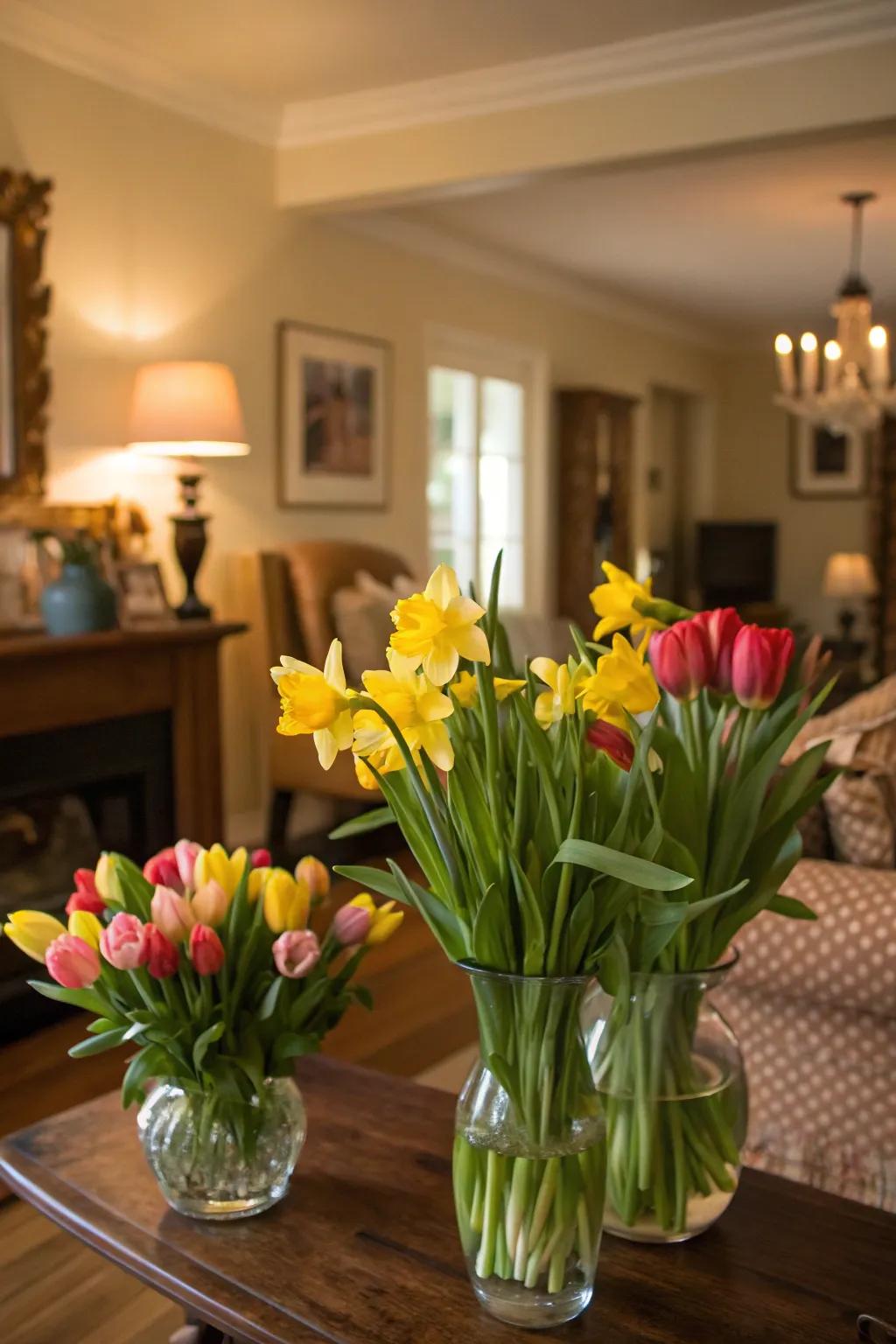 Newly severed blossoms such as tulips and daffodils infuse vibrant coloration and fragrance.