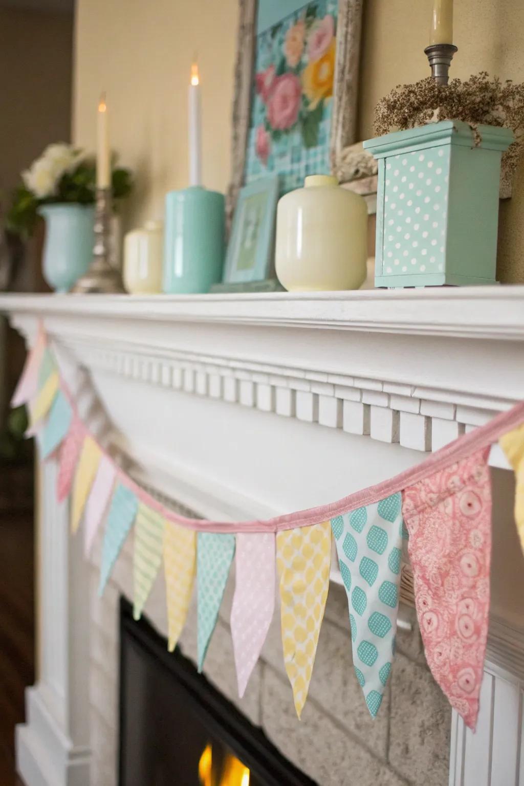 A fabric banner introducing a personalized touch to the mantel.