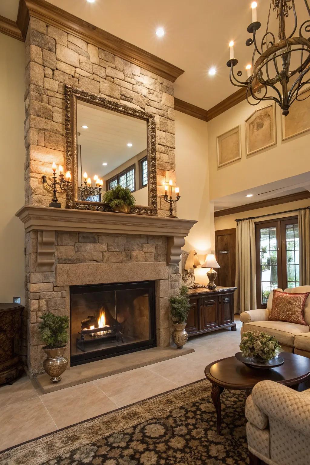 An elegant area showcasing a stone fireplace and a sizeable reflector augmenting the area.