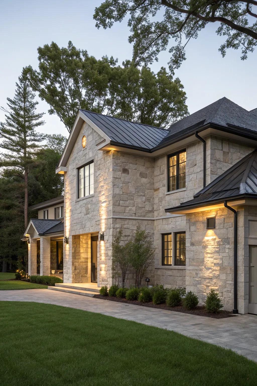 A sophisticated house featuring a shimmering sparkle stone facade.