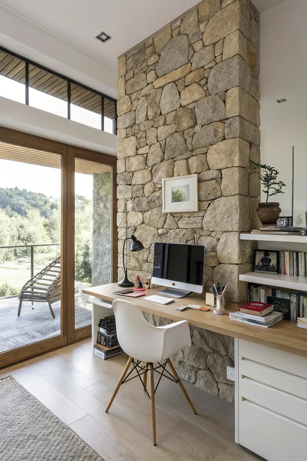 A home office that inspires with a stone feature wall.