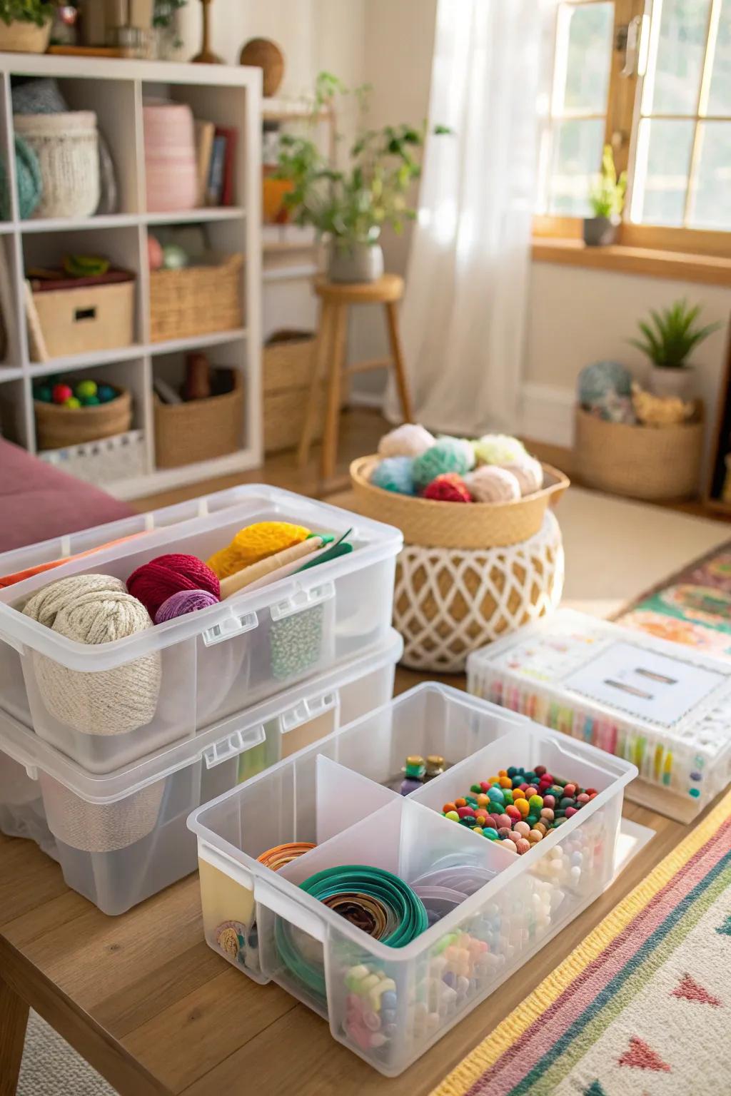 Clear bins keep craft supplies visible and organized.