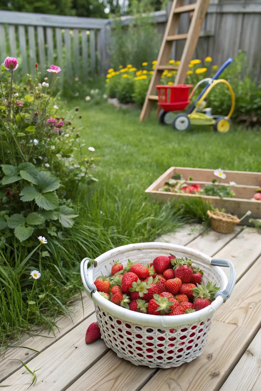 Strawberries thriving in a unique clothing hamper planter.