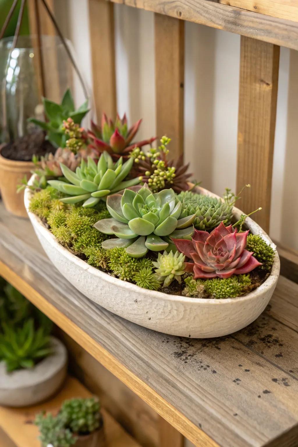 A forest-inspired succulent garden enhanced with lush moss accents.