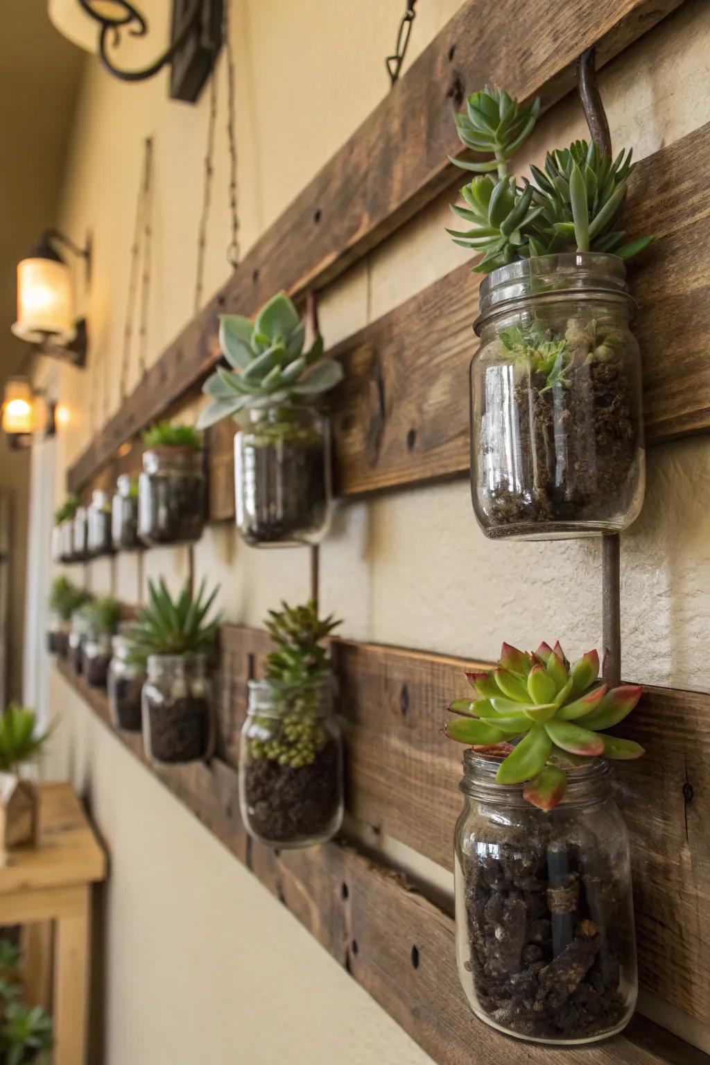 Mason vessel wall fixtures furnish a countryside-chic aesthetic with succulents.