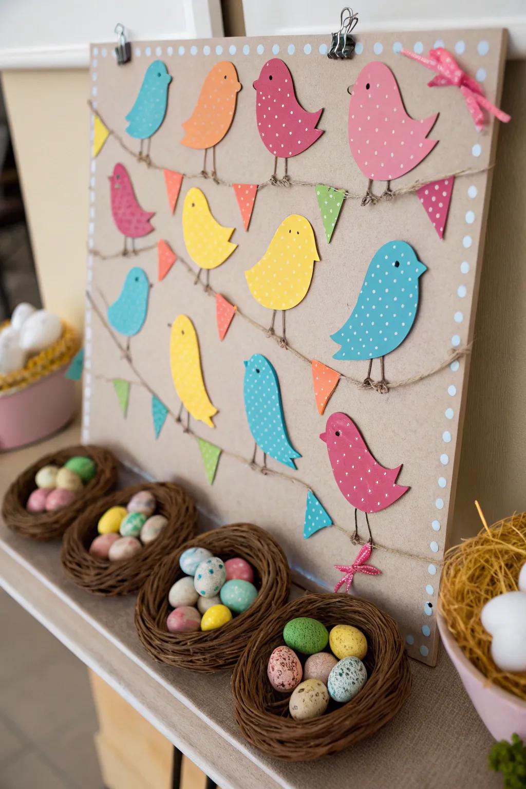 A lively display exhibiting vivid avians and nests.