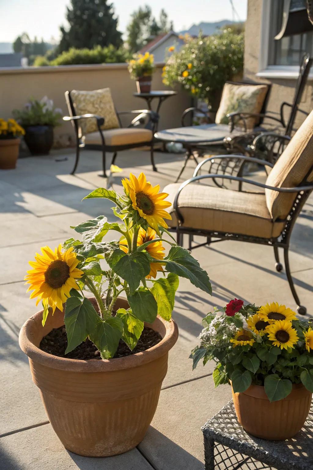 Illuminate your veranda with sunflower pots.