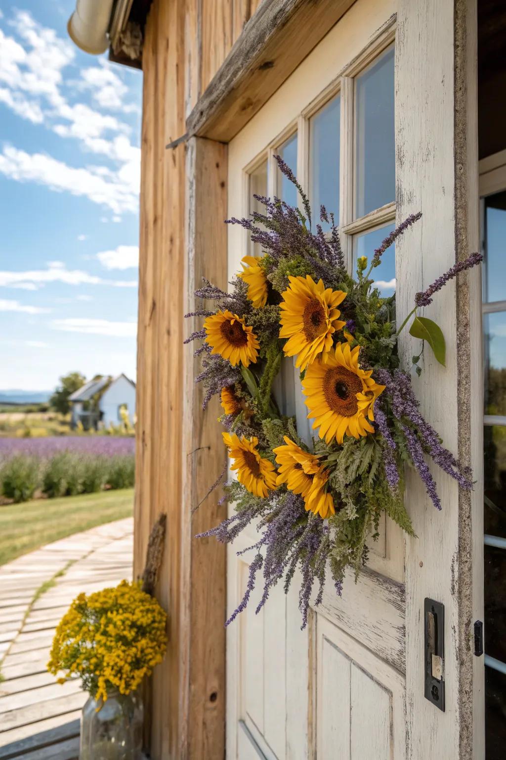Relaxing lavender and vibrant sunbursts create a delightful wreath.