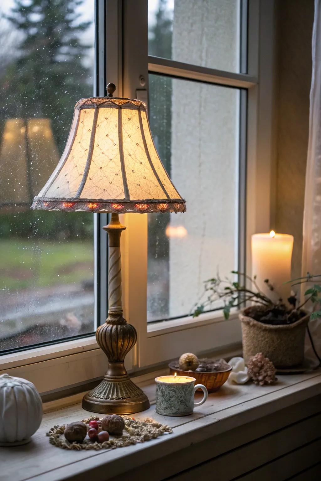 A table lamp positioned on a window sill casts a warm, inviting illumination.